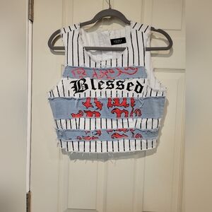 AKIRA 'Blessed' Striped Denim Patch Crop Top - White/Black/Light Blue XL